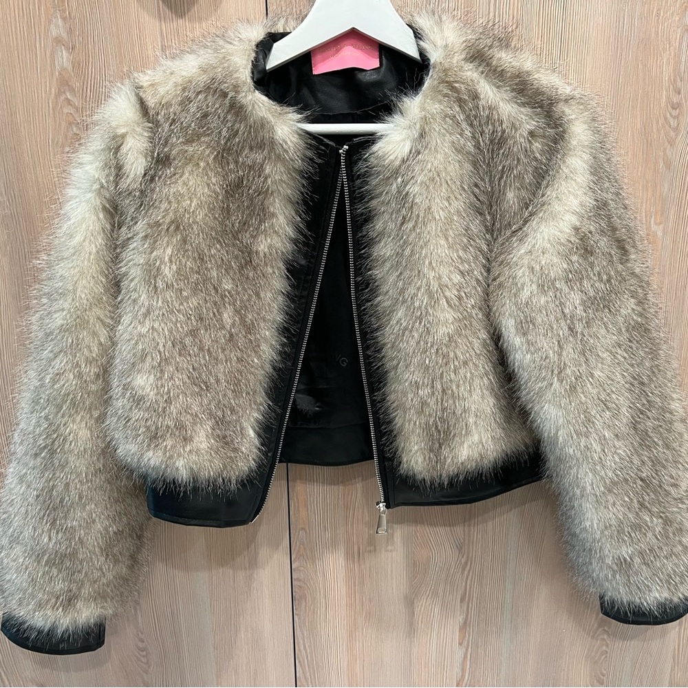 AZALEA WANG Faux Fur Jacket with Faux Leather Trim - Size S
